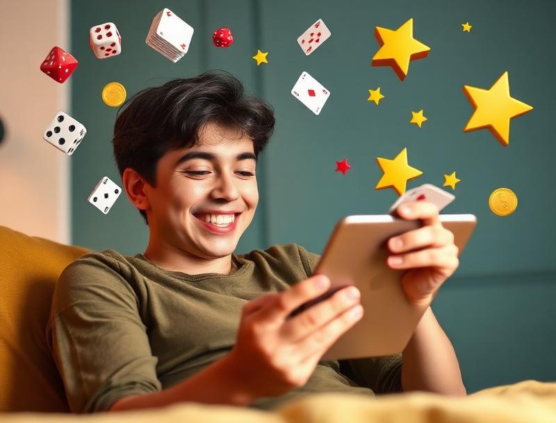 Happy player with a tablet and entertainment icons