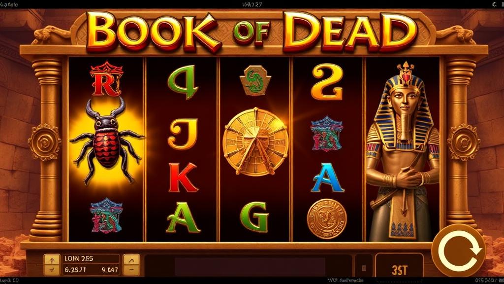 Book of Dead base game with Egyptian-themed reels showing scarab, pharaoh and explorer symbols