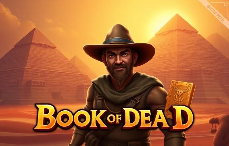 Book of Dead slot thumbnail featuring the explorer Rich Wilde, ancient Egyptian pyramids and the golden Book of Dead symbol, dramatic desert lighting