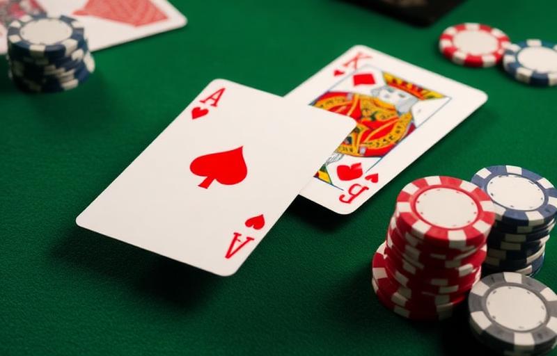 American Blackjack thumbnail featuring a green felt table, two face-up cards showing the ace of spades and king of hearts, casino chips stacked alongside