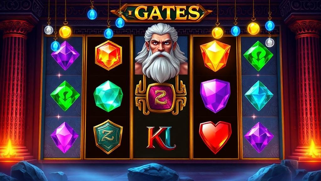 Gates of Olympus 6x5 grid with jewel symbols and the Zeus character raining multiplier orbs from above