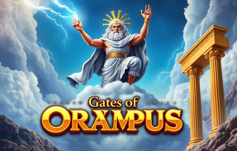 Gates of Olympus slot thumbnail featuring a mighty Zeus on the clouds hurling lightning bolts, with golden Greek temple columns