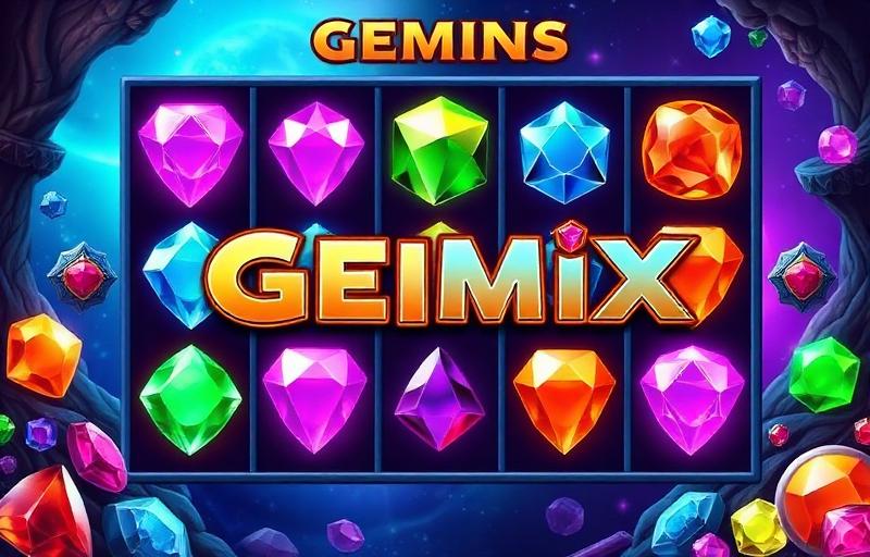 Gemix slot thumbnail featuring a colourful gem grid and fantasy world themes