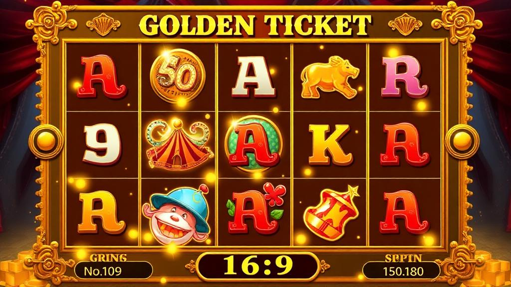 Golden Ticket 5x5 grid game with circus-themed symbols cascading and a column-clearing animation