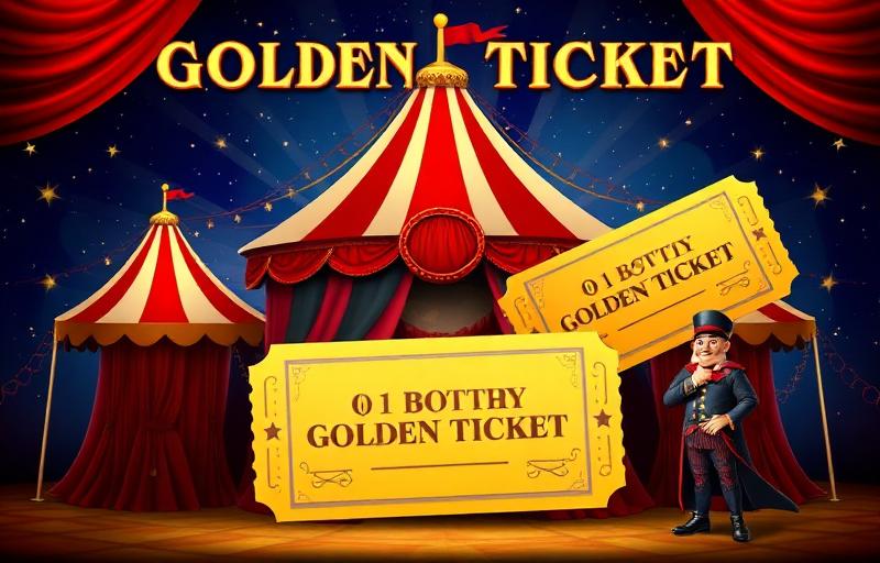 Golden Ticket slot thumbnail featuring a circus tent, ringmaster character and a golden ticket stub against a star-studded circus backdrop