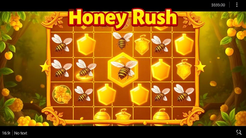 Honey Rush's hexagonal grid game with bee symbols and honey cascade