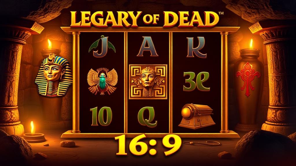 Legacy of Dead gameplay with Egyptian reels showing pharaoh, scarab and sarcophagus symbols in a torch-lit tomb
