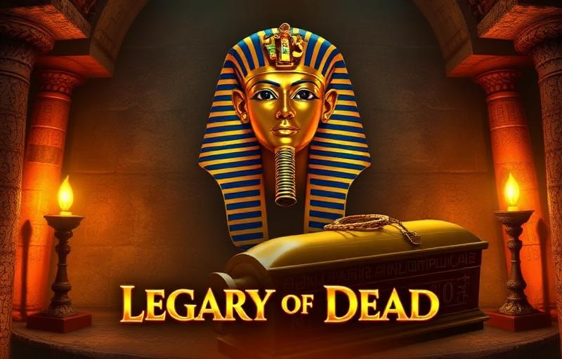 Legacy of Dead slot thumbnail featuring an Egyptian pharaoh mask, golden sarcophagus and ancient hieroglyphs against a torch-lit tomb interior