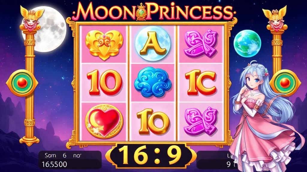 Moon Princess 5x5 grid game with colourful anime symbols and a princess character to the side