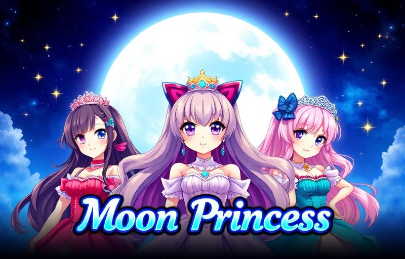 Moon Princess slot thumbnail featuring three anime-inspired princess characters in front of a magical crescent moon with sparkles and stars