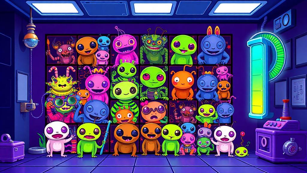 Reactoonz 7x7 grid filled with quirky alien creatures and a quantum charge meter to the side