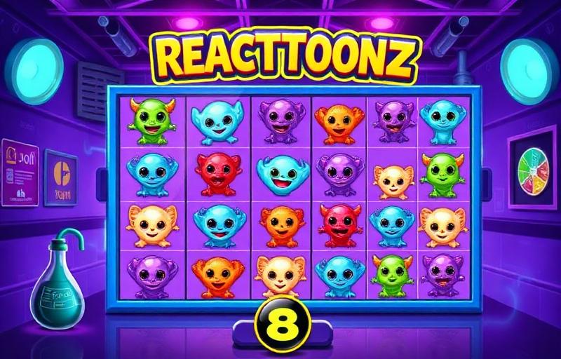 Reactoonz slot thumbnail featuring colourful mischievous creatures on a 7x7 grid in a purple sci-fi laboratory setting