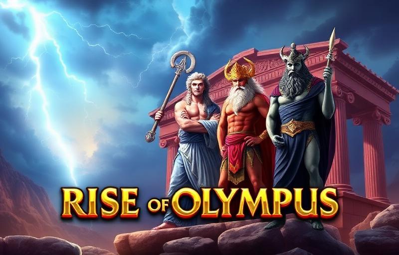 Rise of Olympus slot thumbnail featuring Zeus, Hades and Poseidon, a Greek temple and lightning bolts against a dramatic sky