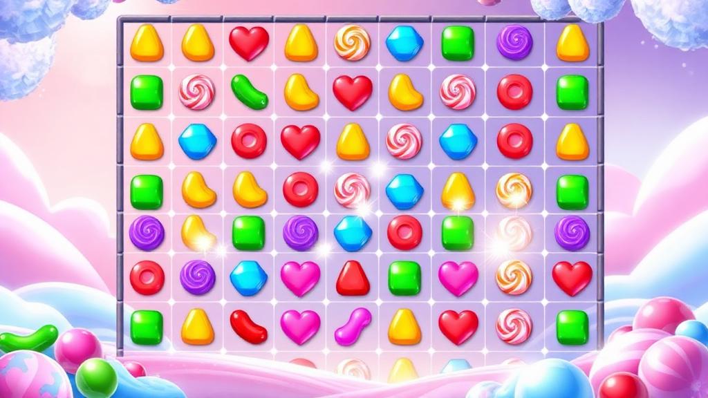 Sugar Rush 7x7 grid with sweet cluster wins, multiplier spots glowing on grid positions and a pastel candy world