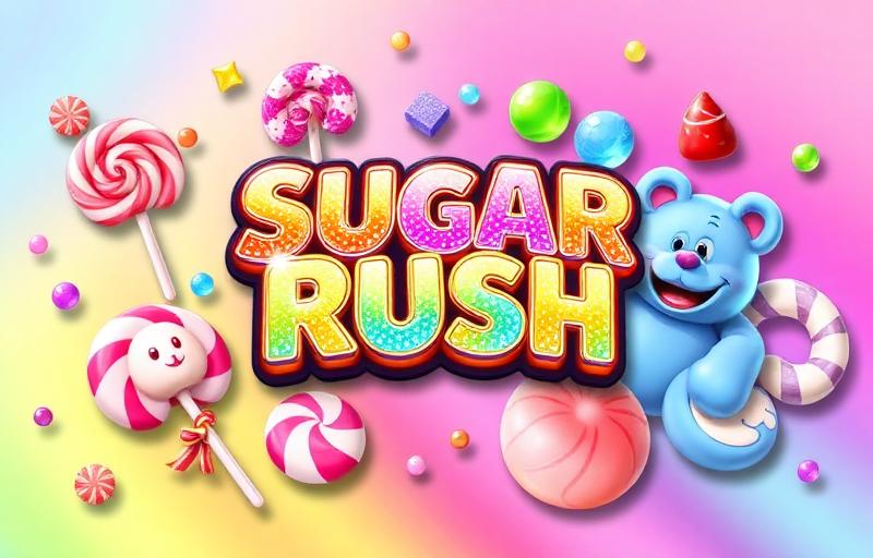 Sugar Rush slot thumbnail featuring sparkling candy characters, lollipops, jelly bears and swirl sweets against a pastel rainbow background
