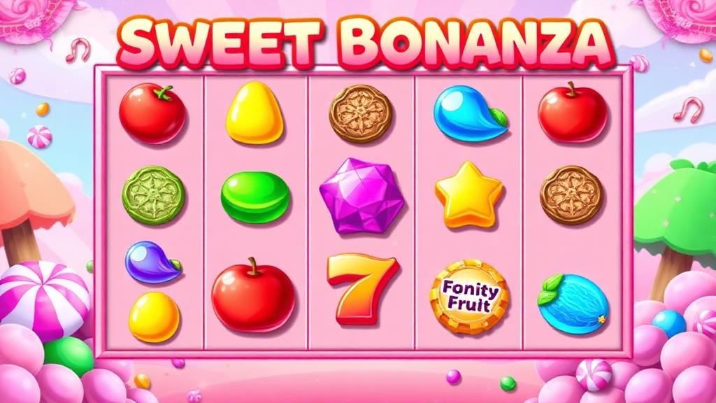 Sweet Bonanza 6x5 grid with sweet and fruit symbols, tumble animation and a candy backdrop