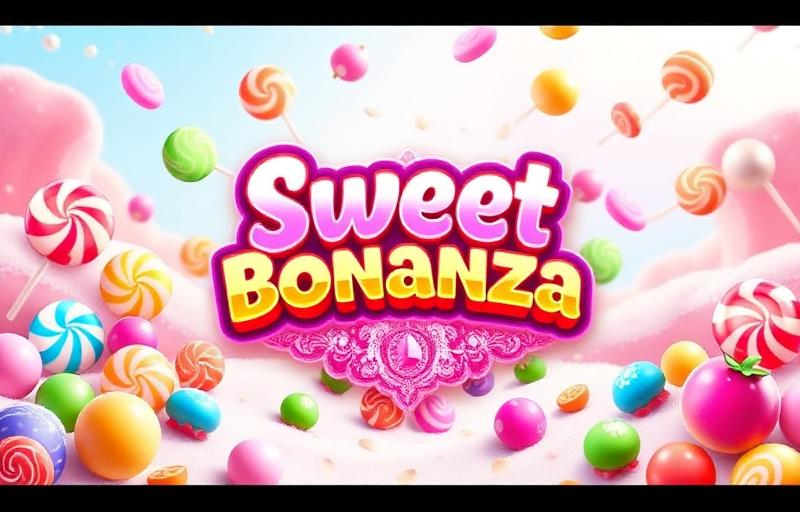 Sweet Bonanza slot thumbnail featuring colourful sweets, lollipops and fruit against a pastel candy-land background with sugar crystals