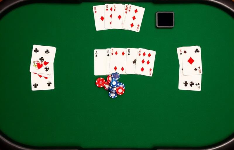 Texas Hold'em Poker thumbnail featuring a green poker table, community cards spread in the centre, poker chips and two hole cards