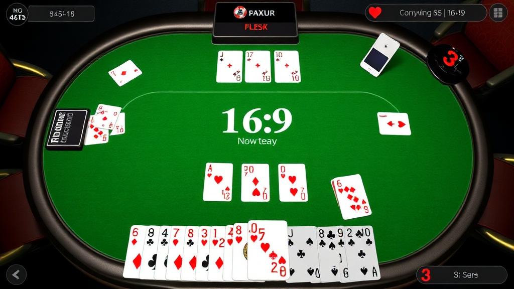 Texas Hold'em gameplay with community cards, player cards and betting interface