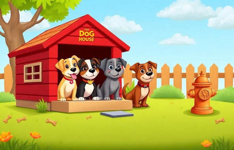 The Dog House slot thumbnail featuring cartoon dogs by a red kennel, bone treats and a fire hydrant on a sunny garden patio