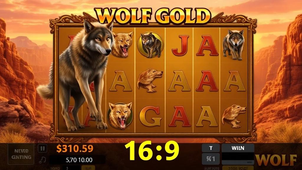 Wolf Gold gameplay showing stacked wolf wilds and a desert canyon setting with warm sunset tones