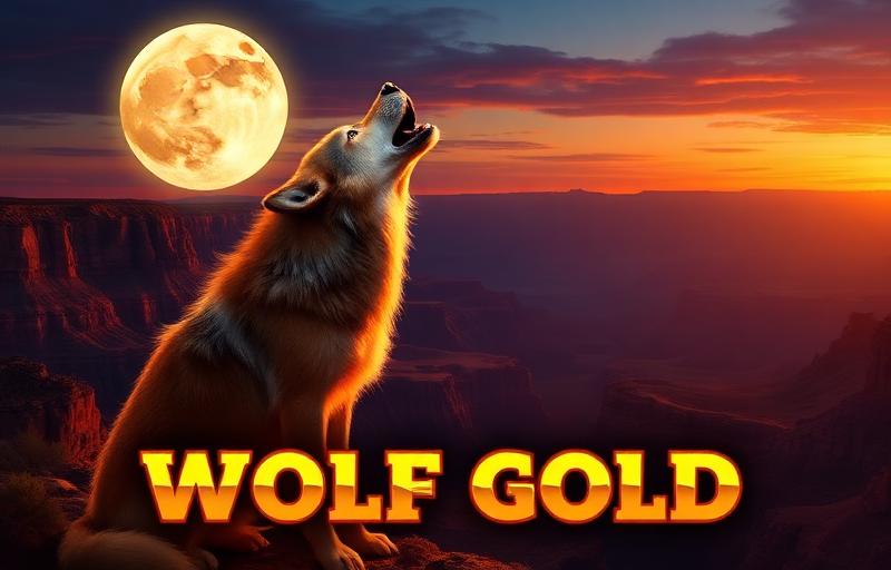 Wolf Gold slot thumbnail featuring a majestic wolf howling at the moon over an American canyon landscape at sunset