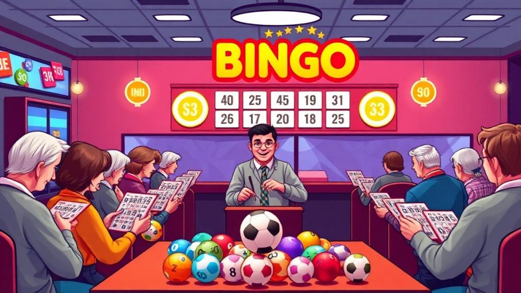 Cheerful bingo hall scene with players marking cards, colourful bingo balls and a friendly caller at the front