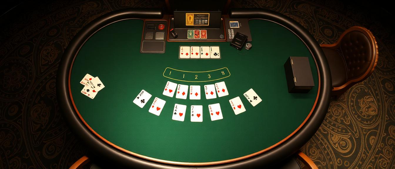 Illustrated blackjack table viewed from above showing card values, action buttons and a helpful strategy chart