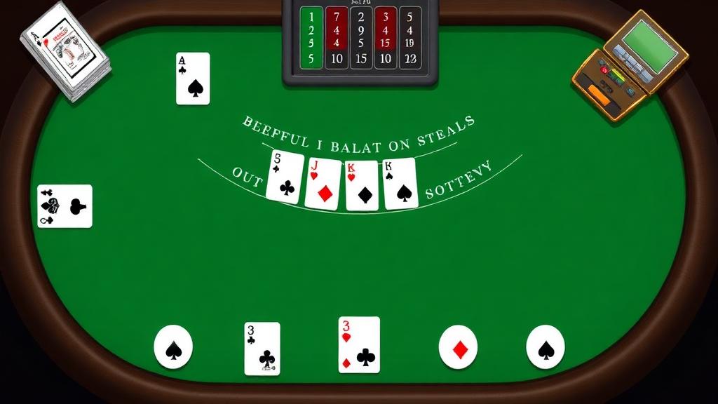 Illustrated blackjack table viewed from above showing card values, action buttons and a helpful strategy chart