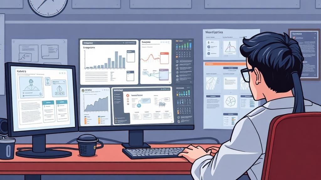 Behind-the-scenes illustration showing game design wireframes, engagement graphs and UX flow diagrams on a designer's workstation