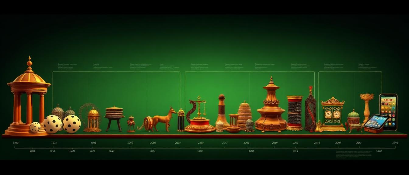 Timeline illustration stretching from ancient Egyptian dice through Victorian card tables to modern digital gaming on smartphones