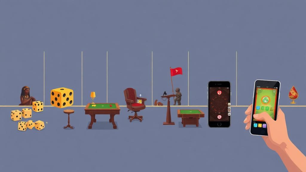Timeline illustration stretching from ancient Egyptian dice through Victorian card tables to modern digital gaming on smartphones
