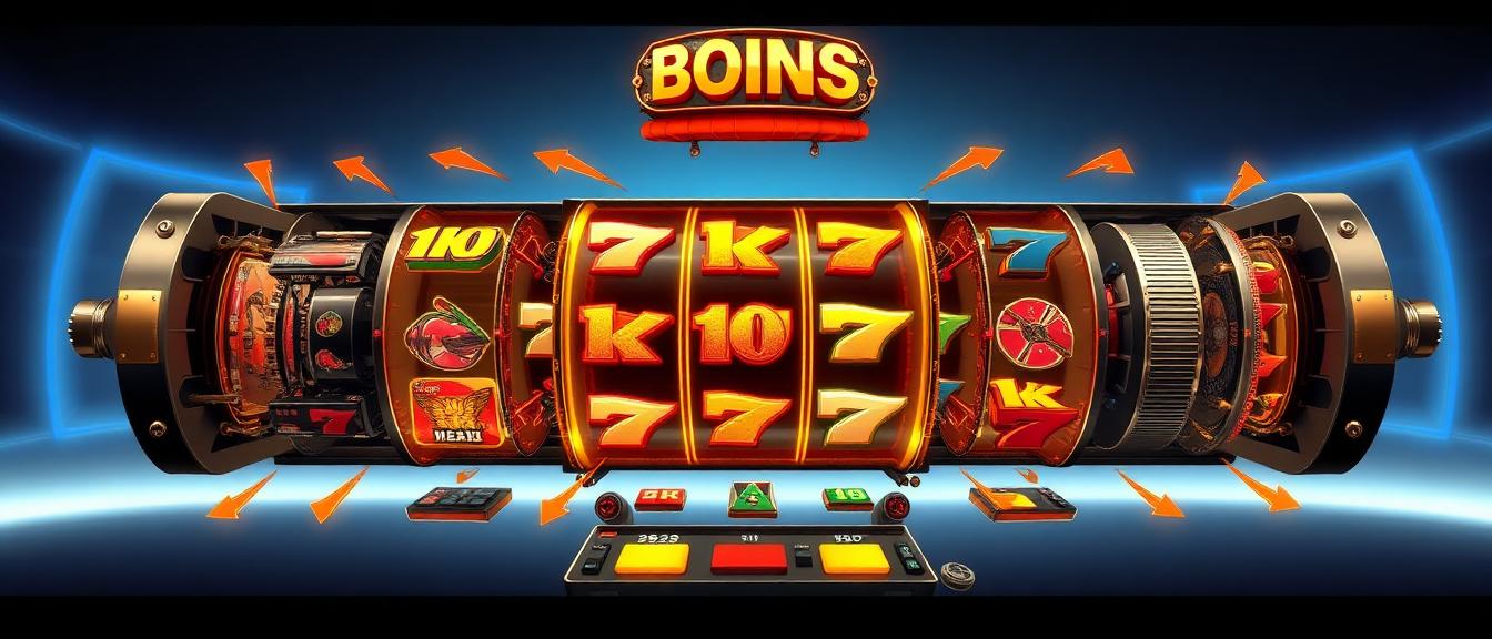 Exploded diagram of a slot machine showing bonus feature triggers with arrows and labels explaining free spins, multipliers and cascading wins