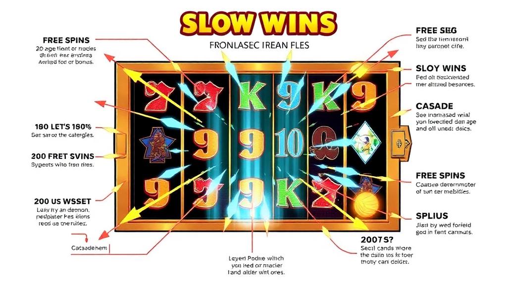 Exploded diagram of a slot machine showing bonus feature triggers with arrows and labels explaining free spins, multipliers and cascading wins