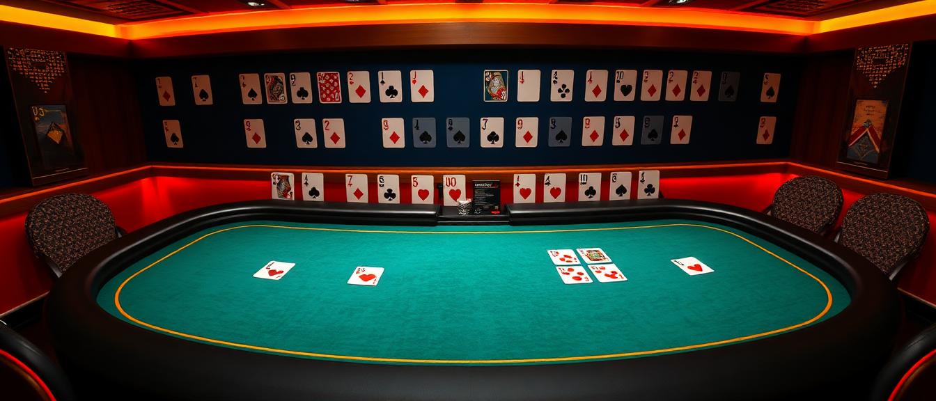 Visual poker hand ranking chart showing all ten hands from Royal Flush at the top to High Card at the bottom, with example cards