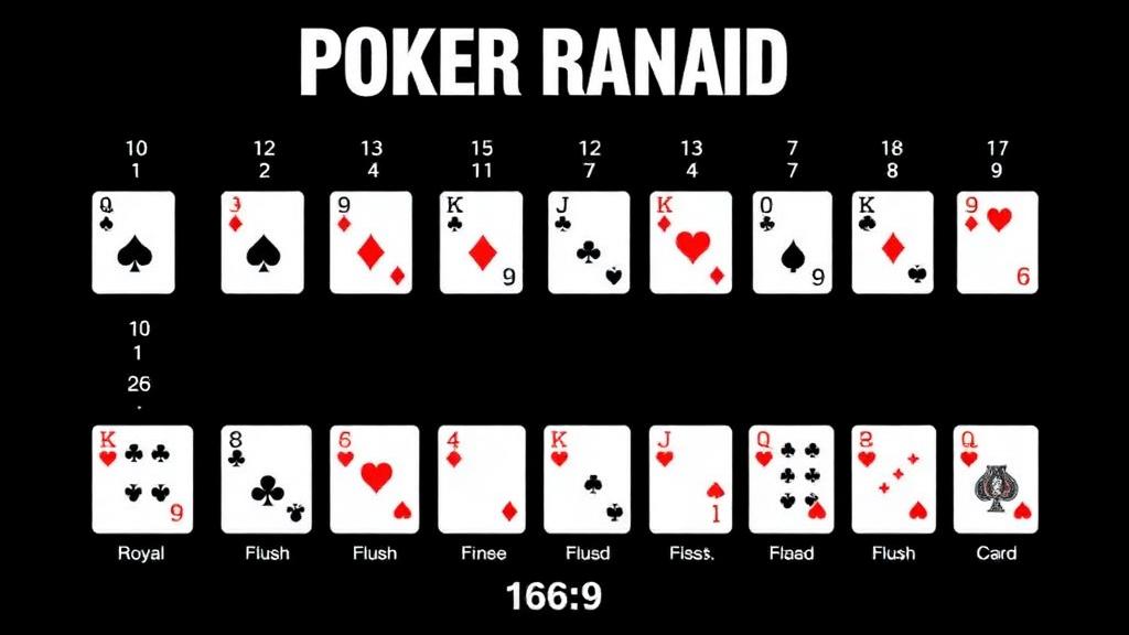 Visual poker hand ranking chart showing all ten hands from Royal Flush at the top to High Card at the bottom, with example cards