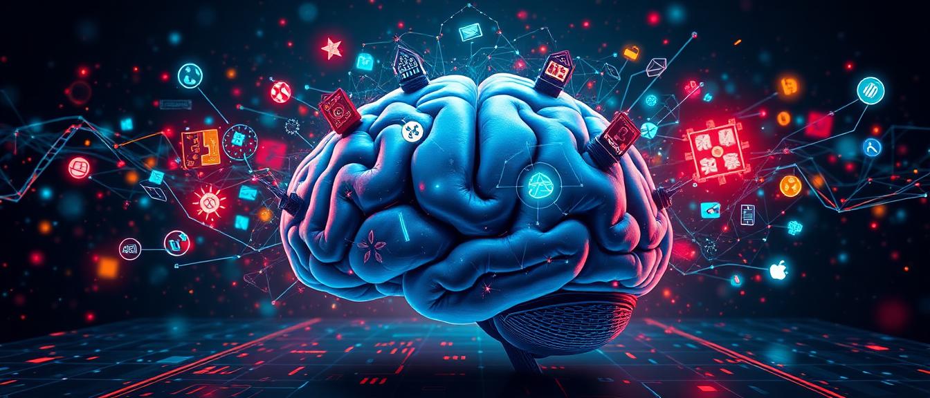 Artistic brain illustration with colourful gaming symbols (cards, dice, tokens) emerging from various cognitive regions