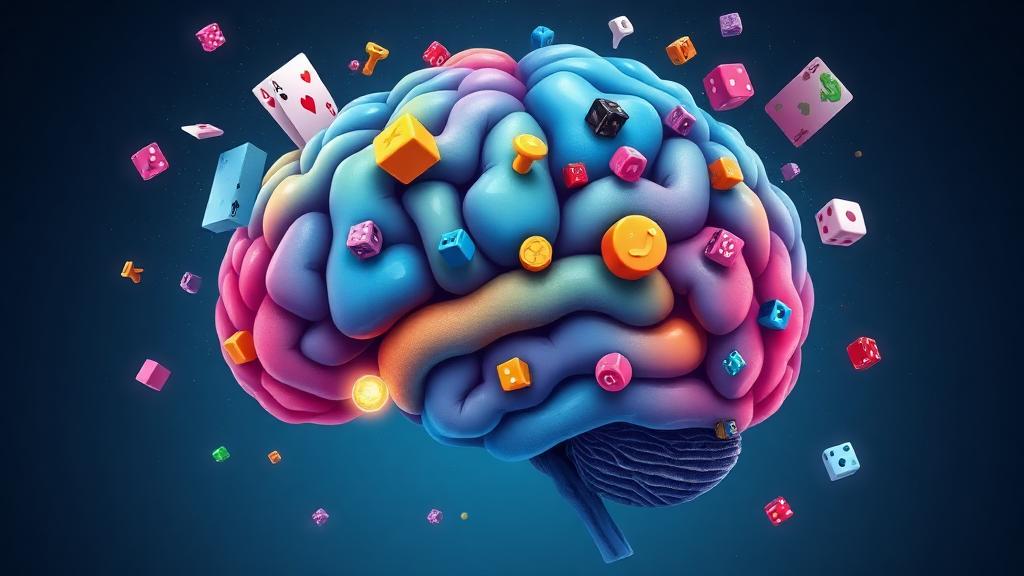 Artistic brain illustration with colourful gaming symbols (cards, dice, tokens) emerging from various cognitive regions