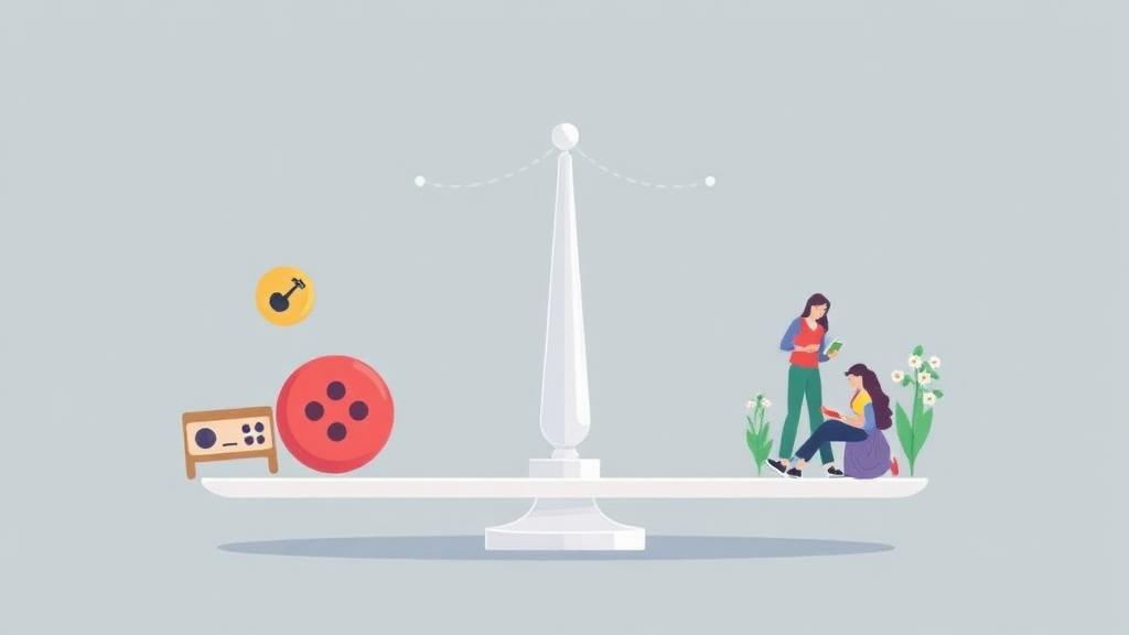 Calming illustration of a balanced scale with gaming symbols on one side and lifestyle activities (exercise, reading, socialising) on the other