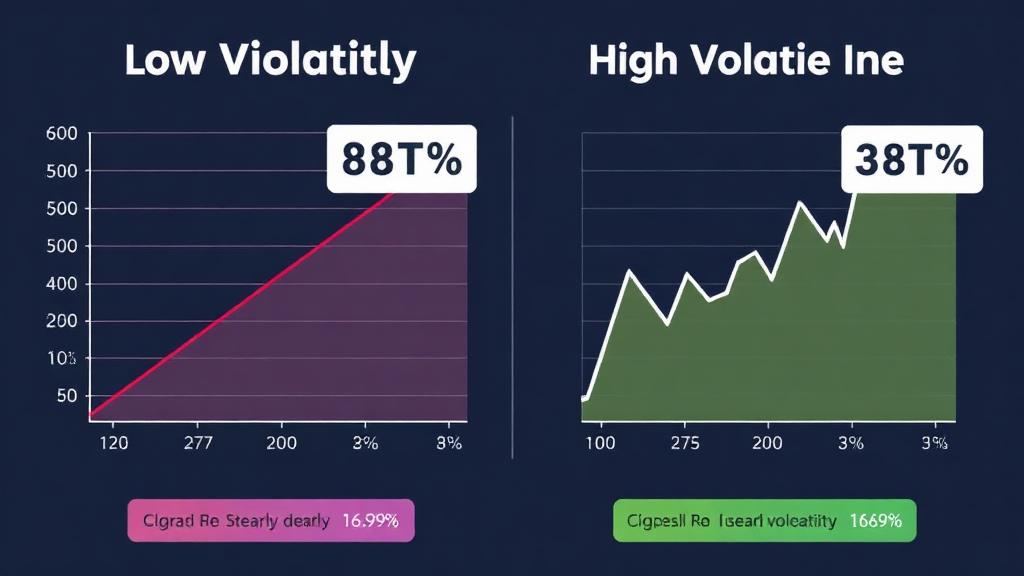 Data visualisation with two graphs side by side comparing a low-volatility smooth line against a high-volatility jagged line, with an RTP percentage overlay