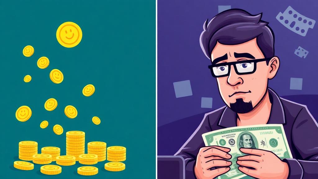 Split-screen illustration comparing social gaming on the left with virtual coins and smiles against real-money gambling on the right with banknotes and serious faces