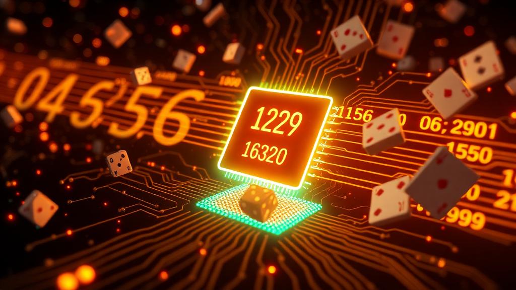 Abstract visualisation of random numbers streaming from a glowing processor chip, with dice and playing cards floating around it