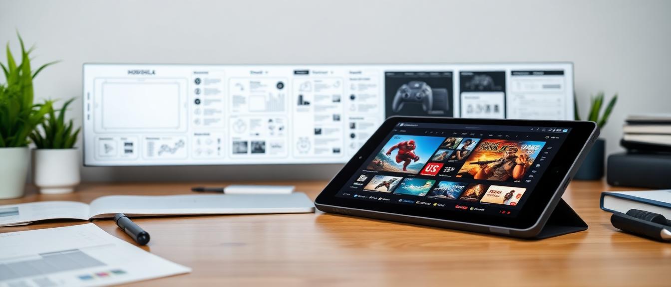 Clean UX wireframe sketches on a desk surrounded by design tools, colour swatches and a tablet displaying a polished gaming interface