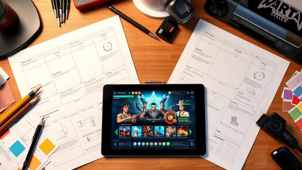 Clean UX wireframe sketches on a desk surrounded by design tools, colour swatches and a tablet displaying a polished gaming interface