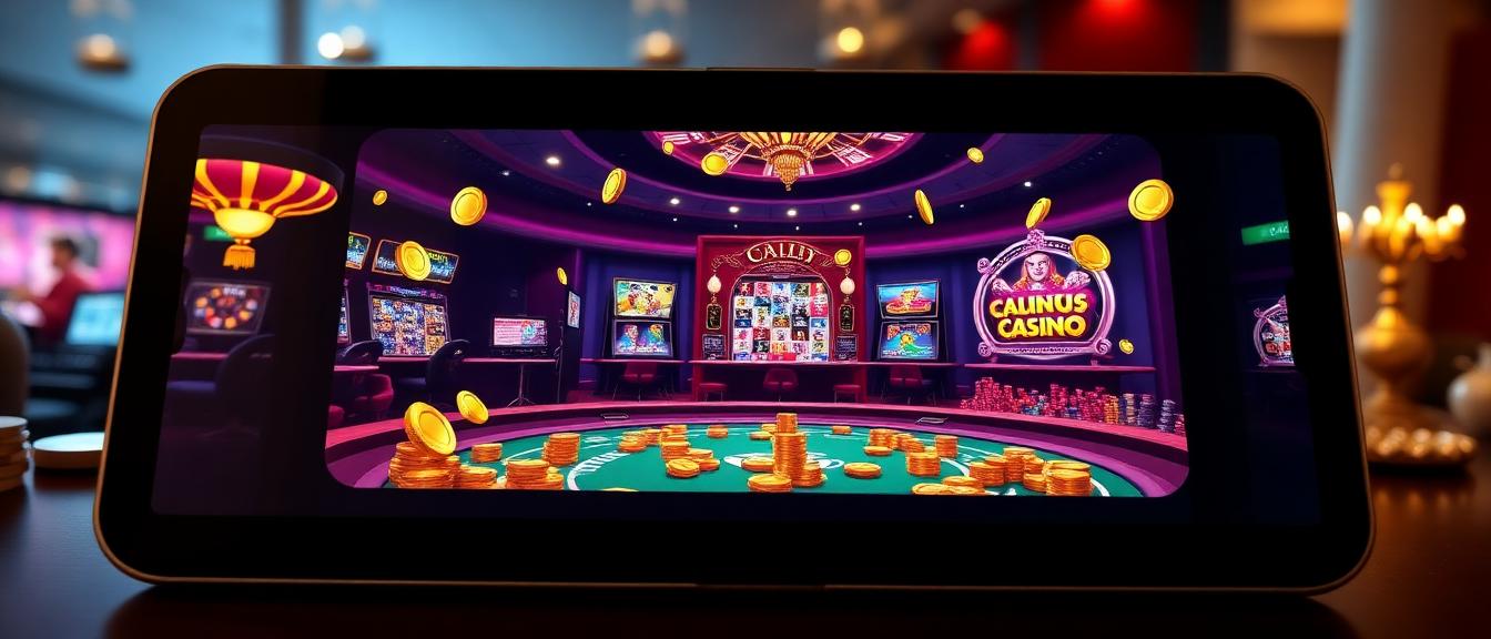 Illustration of a friendly free-to-play gaming interface on a tablet screen with virtual coins and smiling user avatars