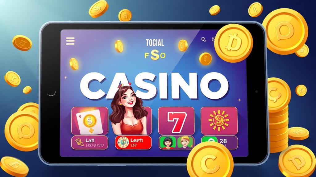 Illustration of a friendly free-to-play gaming interface on a tablet screen with virtual coins and smiling user avatars