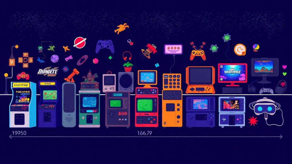 Timeline illustration showing the evolution from 1950s pixel art through arcade cabinets and consoles to modern mobile and VR gaming