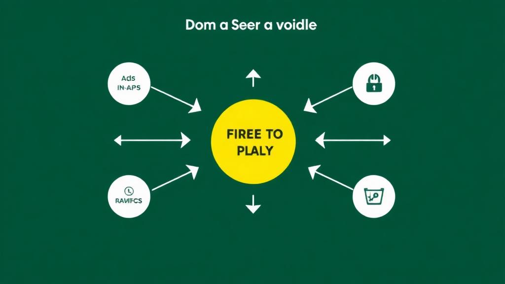 Business model diagram showing a free-to-play game at the centre with revenue streams (advertising, IAP, subscriptions) flowing outward