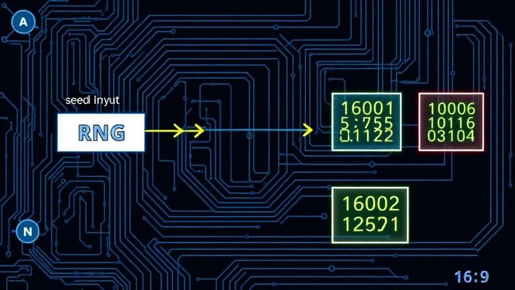 Technical illustration of the RNG process showing seed input flowing through an algorithm to produce random game outcomes