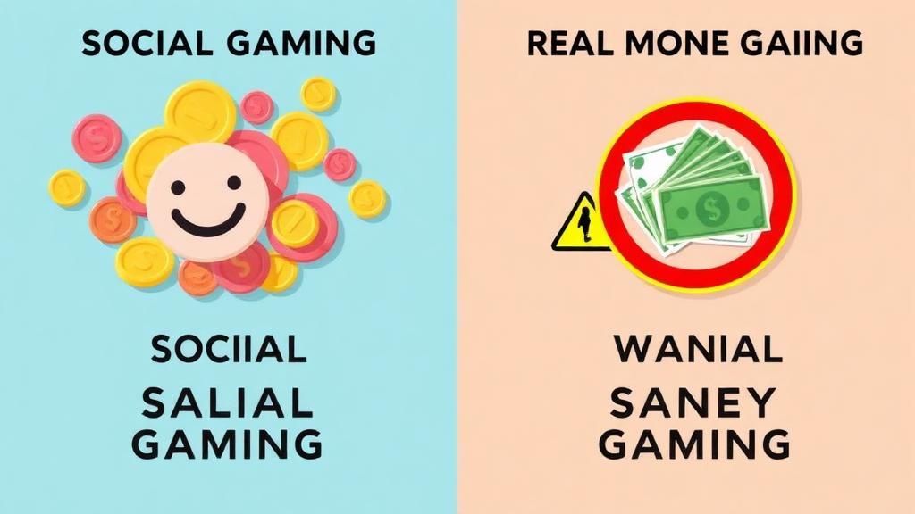 Comparison infographic with two columns — social gaming with virtual coins and smiles vs real-money gambling with cash and warning signs